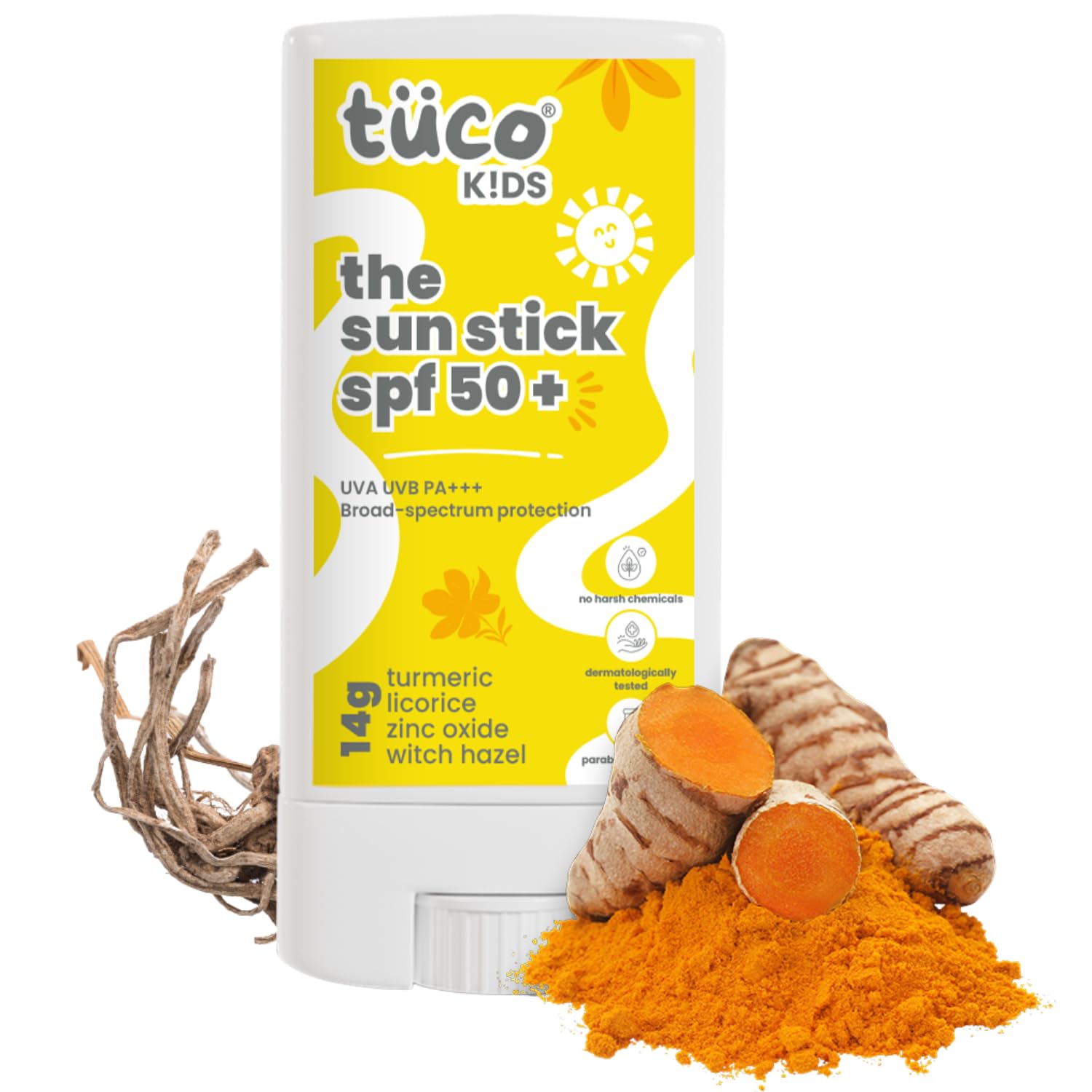 

Солнцезащитный стик TuCo ® Kids с SPF 50 для всех типов кожи|Куркума, Лакрица|UVA/UVB PA++++|Возраст 2-5, 5-10, 10-15|14 г |
