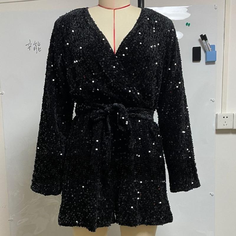 Damski Seksowny Długi Rękaw Głęboki Dekolt V Wiązany Sequined Kombinezon