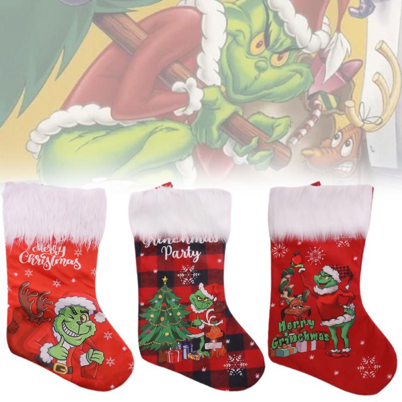 Plush Grinch Christmas Stocking Cozy Gift Bag For Kids Holiday Candy Holder