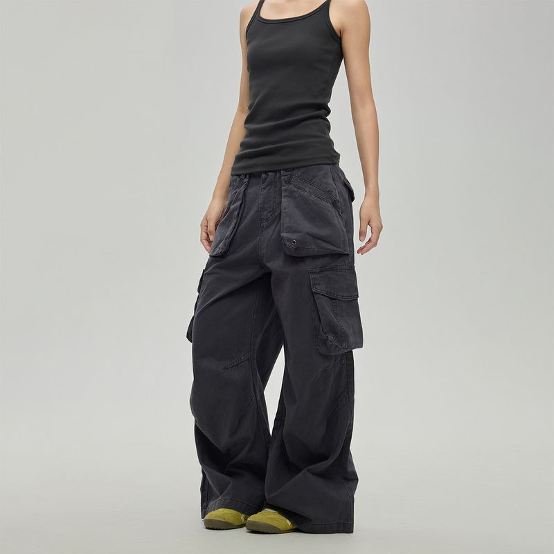 

Black of Exit American Retro Large Pocket Straight-Leg Cargo Pants, Slightly Flared, Distressed Casual Pants for Men and Women Charcoal Gray 2XL