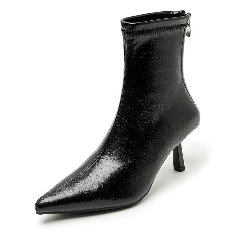 Fashion Pointed toe stiletto short boots for women 2025 autumn and winter new slim boots back zipper French Chelsea stretch short boots
