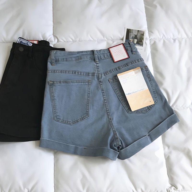 Summer High Waist Stretchy Denim Shorts Pants Women Fashion Light Color Tight Fit Rolled Hem