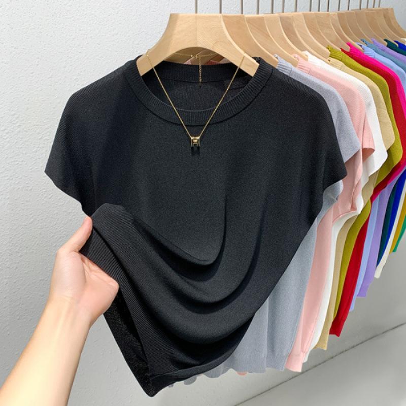 

Short-sleeved T-shirt women s new ice silk knitted sweater summer thin shoulder sleeves loose and thin crew neck bottoming shirt top One size fits all чёрный
