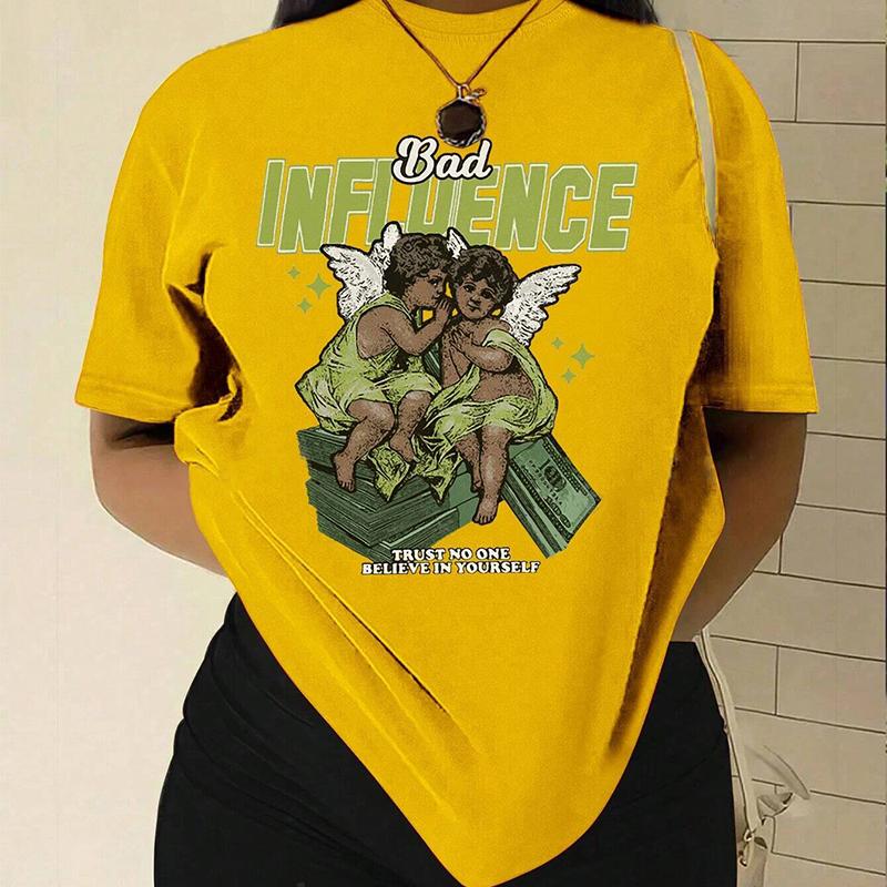 

Модная женская футболка с принтом в виде ангела и букв, забавная повседневная футболка с короткими рукавами и круглым вырезом, летняя женская футболка 8XL жёлтый