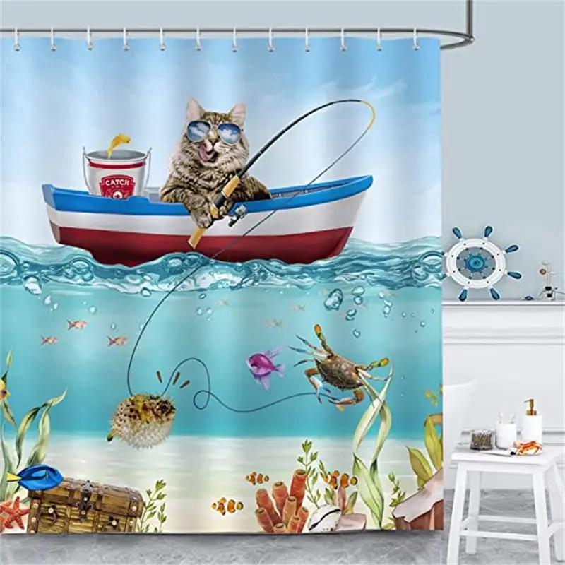 Cartoon Animal Shower Curtains Funny Bathe Dinosaur Cute Black Pet Cat Flower Plant Leaves Kids Bathroom Decor Cloth Curtains