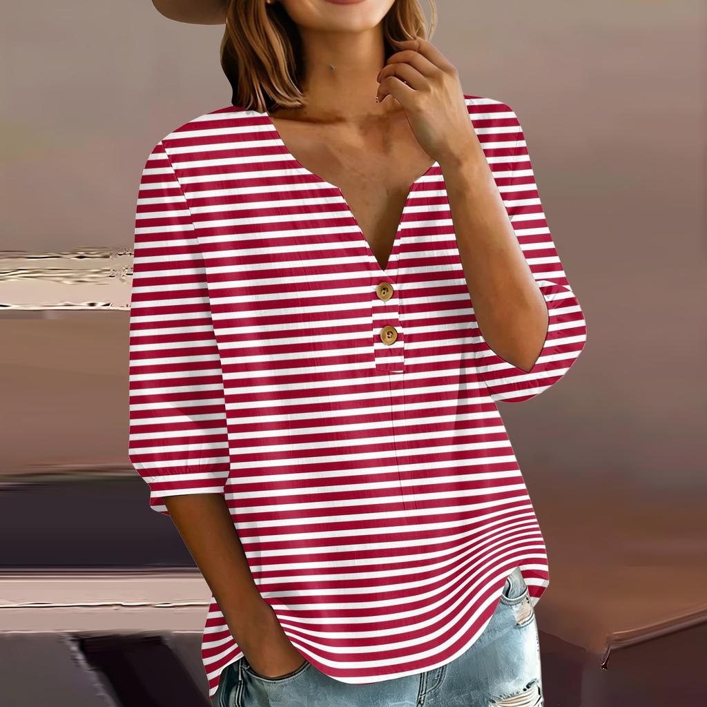 Women's Casual Henley Neck Button Front Shirt Three Quarter Sleeve Lightweight Cotton Linen Blend Top Striped Pattern Relaxed Fit