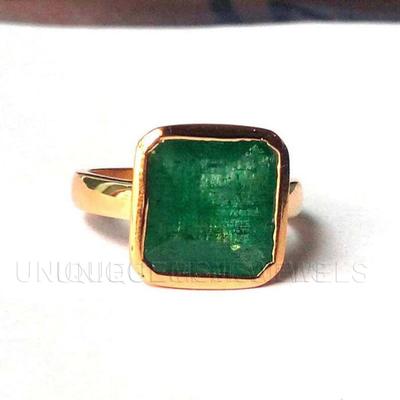 Raw Rich Green Emerald Gemstone 925 Sterling Silver Yellow Gold Overlay Ring Jewelry, Handmade Signet Wedding Gift Ring