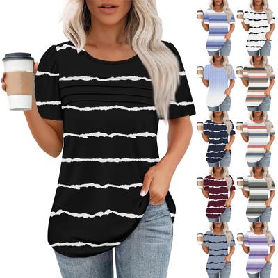 Damski plisowany top T-shirt z krótkim rękawem i okrągłym dekoltem w paski
