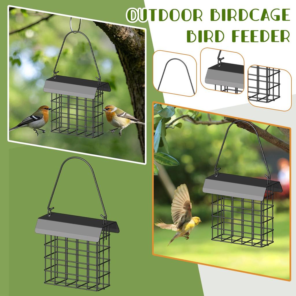 Outdoor Hanging Metal Suet Bird Feeder with Roof and Square Grid Design for Garden Backyard Patio Use