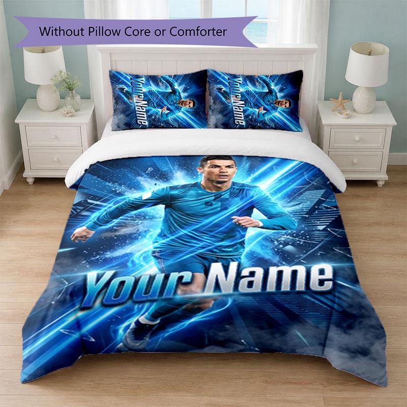 Set Biancheria da Letto Personalizzato Cristiano Ronaldo con Nome Testo 1 Copripiumino+2 Federe Logo Calcio Regalo Personalizzato per Occasione Speciale Arredamento Camera da Letto