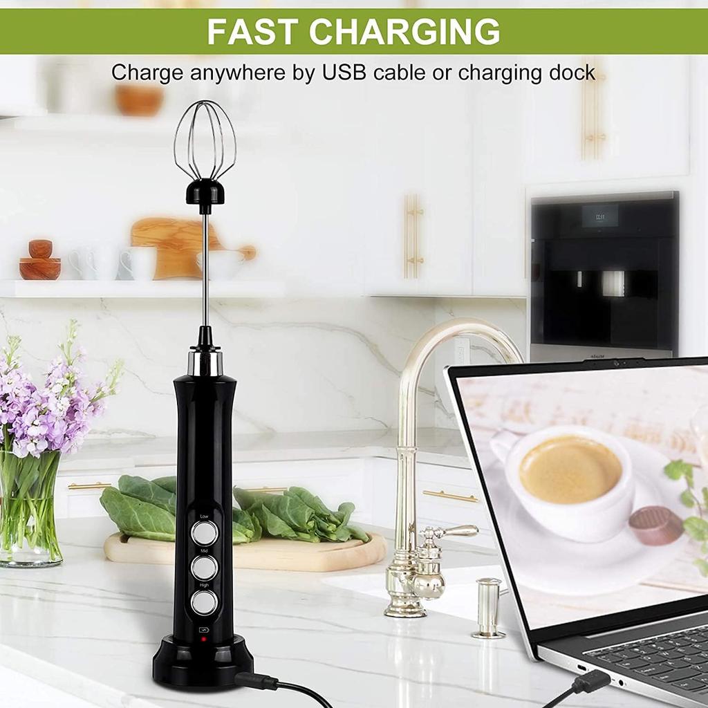 Kabelloser, wiederaufladbarer elektrischer Milchaufschäumer – 3 Geschwindigkeiten, Hand-Schaumbereiter für Latte, Cappuccino, heiße Schokolade – USB-Aufladung