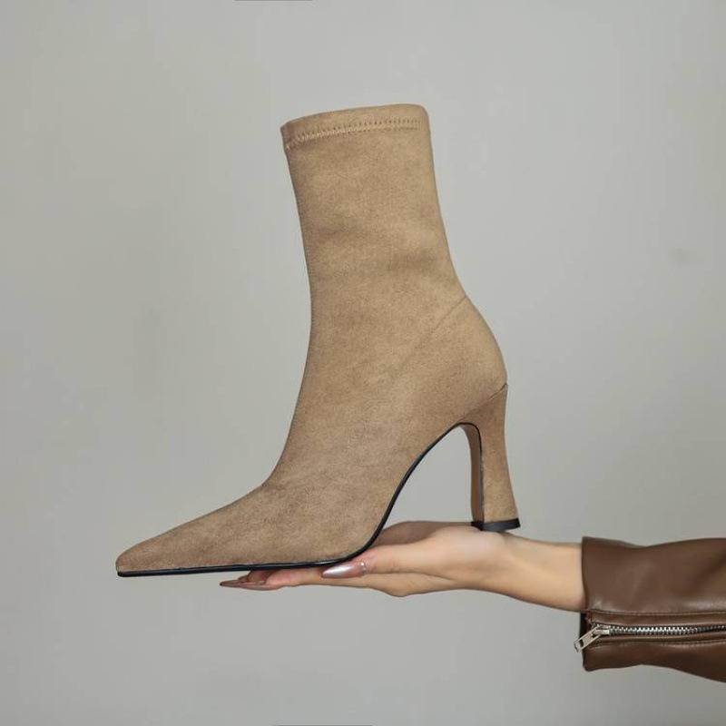 

Autumn and winter stretch Martin boots solid color suede super high heel women s leather boots new round head versatile stiletto mid boots 40