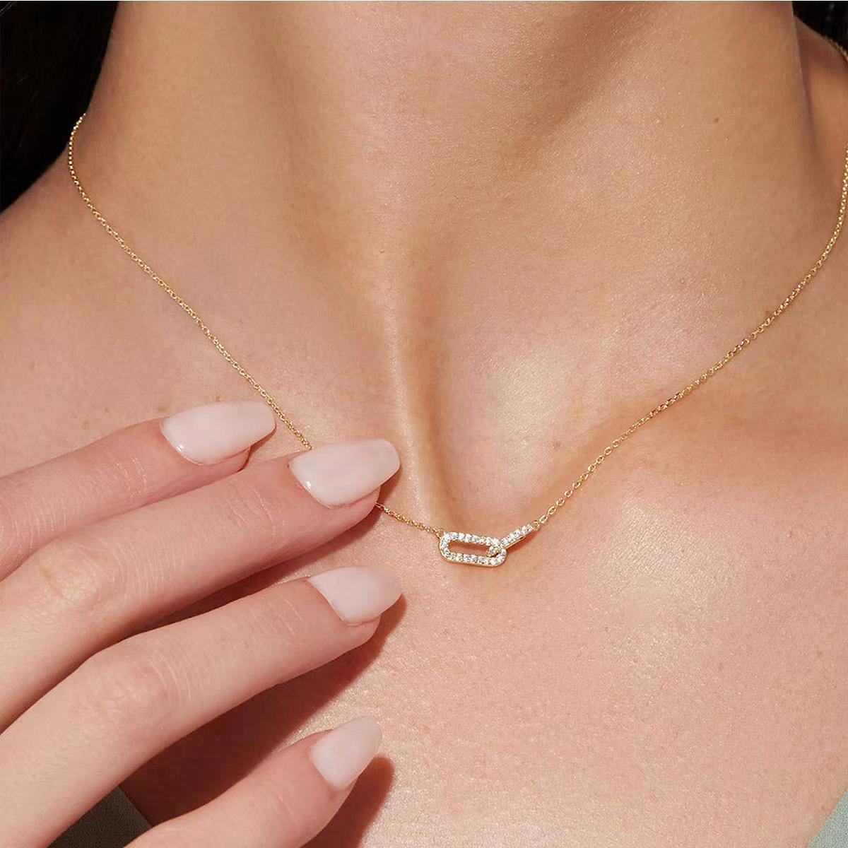 

Серебряный кулон-цепочка S925 с двойным овалом, сцепленный, с цирконием, покрытие 14K золотом, дизайн с двойным кольцом, новинка в европейском и американском стиле.
