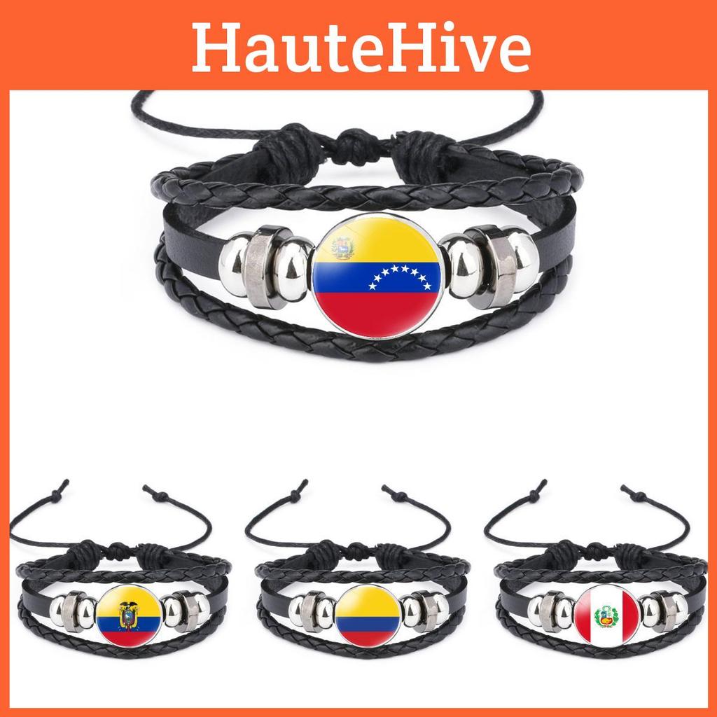 Unique South American Flag Time Gem Black Leather Multilayer Braided Bracelet