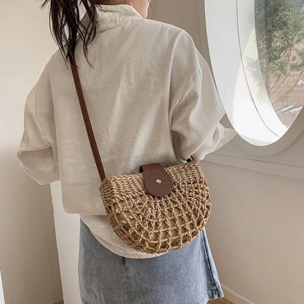 Bohemian Style Weave Straw Crossbody Bag Woven Beach Shoulder Bag Hollow Semicircle Bag  Shopping