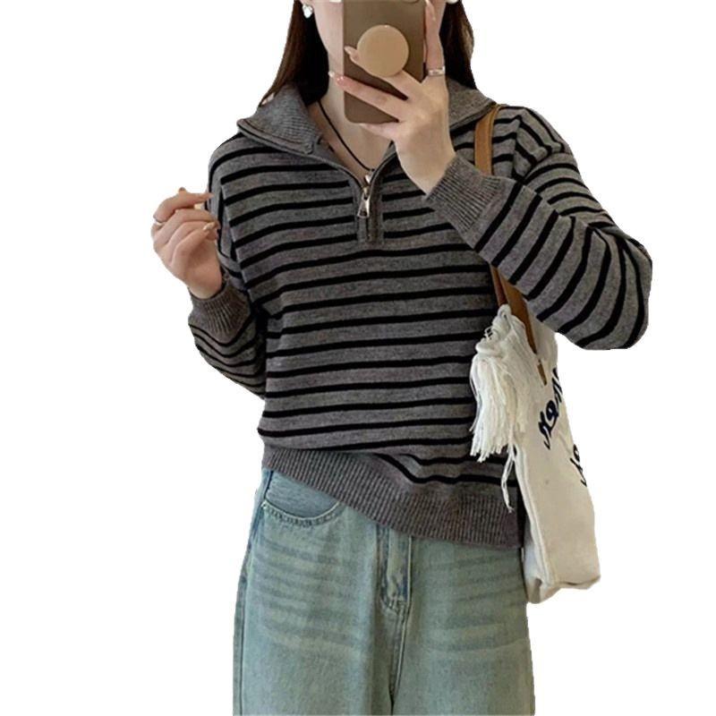 Flip Collar Half Zipper Striped Pullover Sweater for Women Autumn and Winter New Loose Knit Sweater