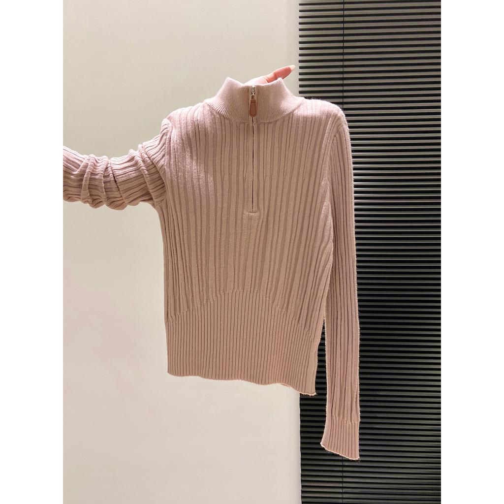 Waist high-end small stand-up neck knitted sweater women's autumn and winter slim-fit soft waxy zipper inner top bottoming shirt