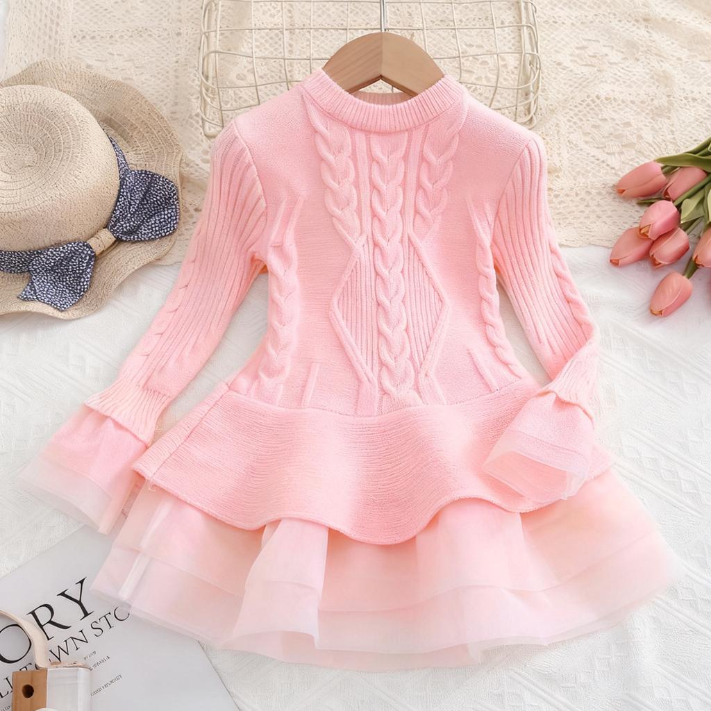 Girls' Fashion Long-Sleeved Shirt Collar Patchwork Tiered Skirt Colour Dress