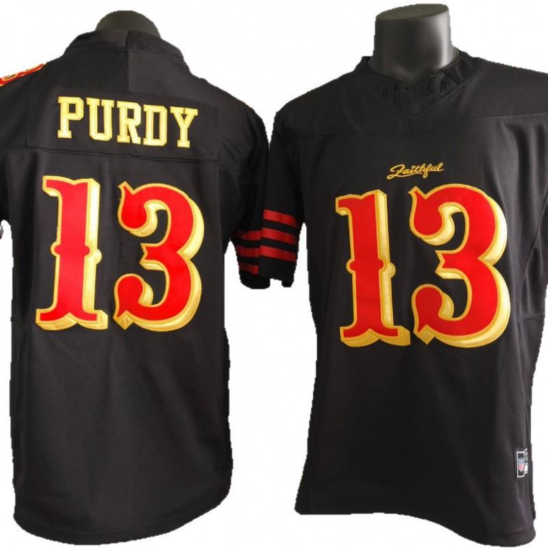 Camiseta de Rugby para Hombre Manga Corta San Francisco 49ers 13 Purdy Negro Bordada Estilo Oficial del Equipo