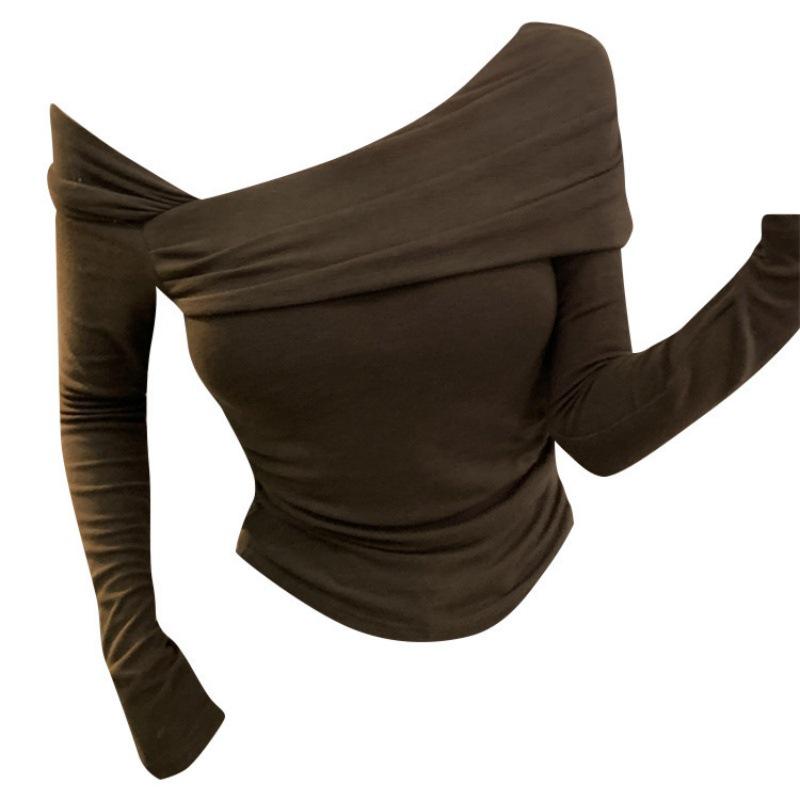 Pure Desire Asymmetrical One-Shoulder Top - Women's 2025 Winter Korean Style, Slim Fit Long Sleeve T-shirt