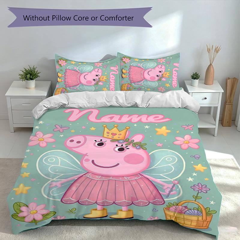 3pcs Custom Name Peppa Pig Bedding Set,Includes 1 Duvet Cover and 2 Pillowcases,All-season Bedroom Decor
