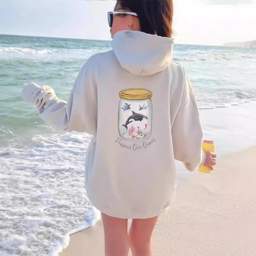 European Size Women's Drop Shoulder Ribbed Orca Print Hoodie Sweatshirt