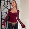 Women Fashion Square Collar Patchwork Lace Floral Print Long Sleeve Sexy Crop T-Shirt Sheer Summer Clothes Party Club