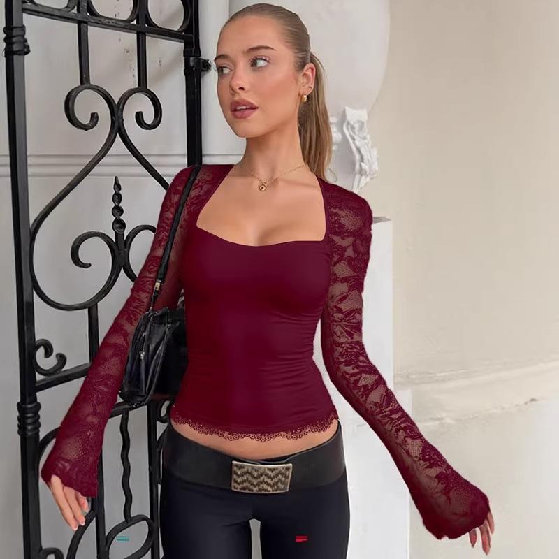 Women Fashion Square Collar Patchwork Lace Floral Print Long Sleeve Sexy Crop T-Shirt Sheer Summer Clothes Party Club