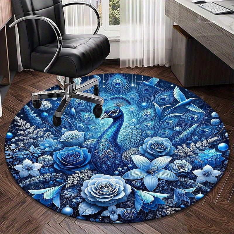 Blue Peacock Floral Art Round Carpet Chair Cushion Round Entryway Rug, Soft Round Rugs for Living Room, Bedroom, Circle Carpet Decor Gifts
