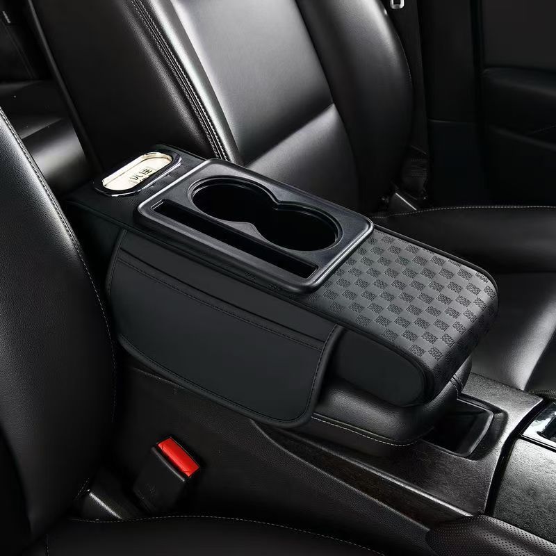 Universal Auto Center Console Armrest Pillow Arm Rest Cover with 2 Cup Holder & Tissue Box PU Leather Car Armrest Cushion