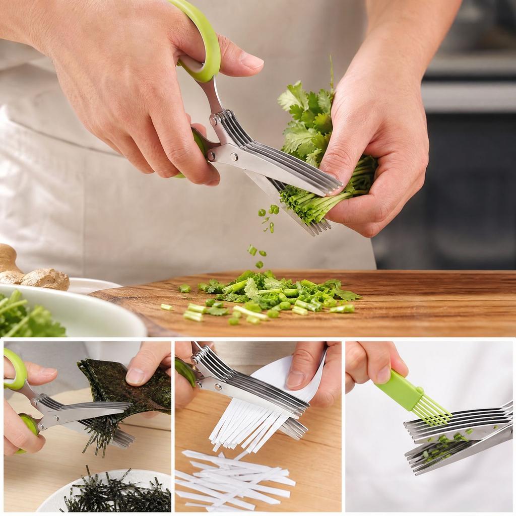 Herb Scissors - 5- Stainless Multi-Purpose Kitchen Shears for Scallions, Cilantro and Seaweed, with Cleaning Comb and Protective Cover