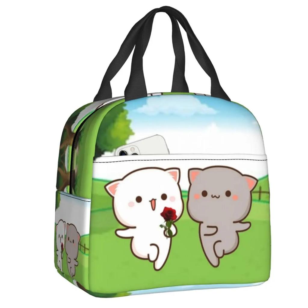 Peach and Goma Insulated Lunch Bags for Work School Picnic Cartoon Mochi Cat Leakproof Cooler Thermal Lunch Box for Women Kids