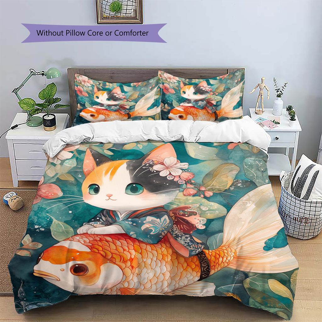 Cat and Fish Pattern Bedding Quilt Set Home Decoration Gift (1 * duvet cover + 2 * pillowcase without core)