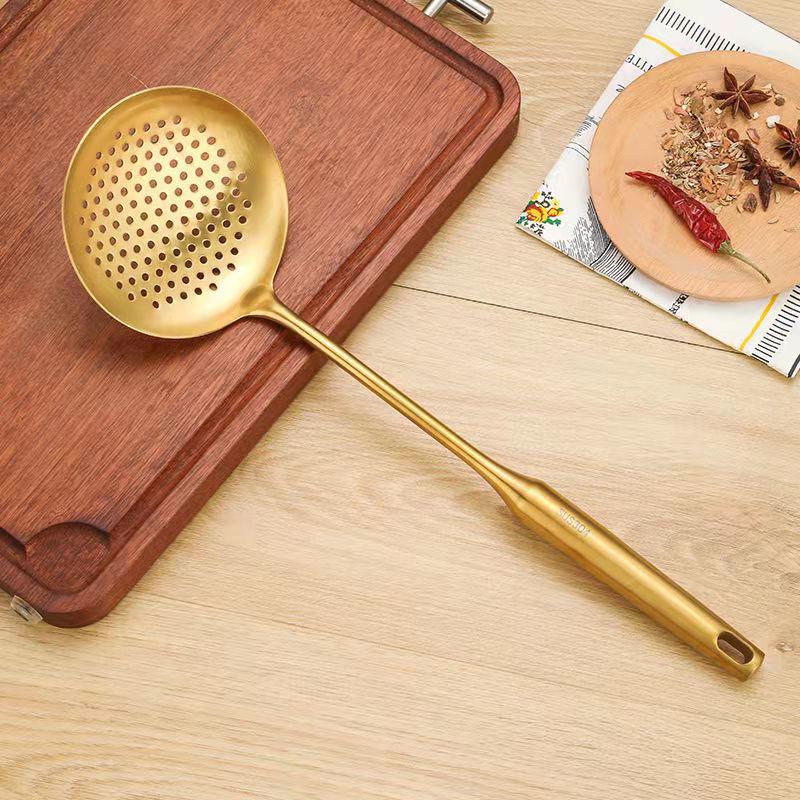 Gold-Plated 304 Stainless Steel Kitchen Utensil Set: Spoon, Spatula, Ladle, Skimmer, Wok Spatula, Rice Spoon, Slotted Spoon, Noodle Spoon