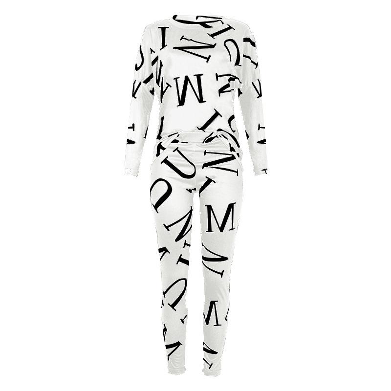 

2 шт., спортивные костюмы с длинным рукавом и буквенным принтом, женские толстовки + брюки, спортивные костюмы с круглым вырезом, повседневный топ L белый