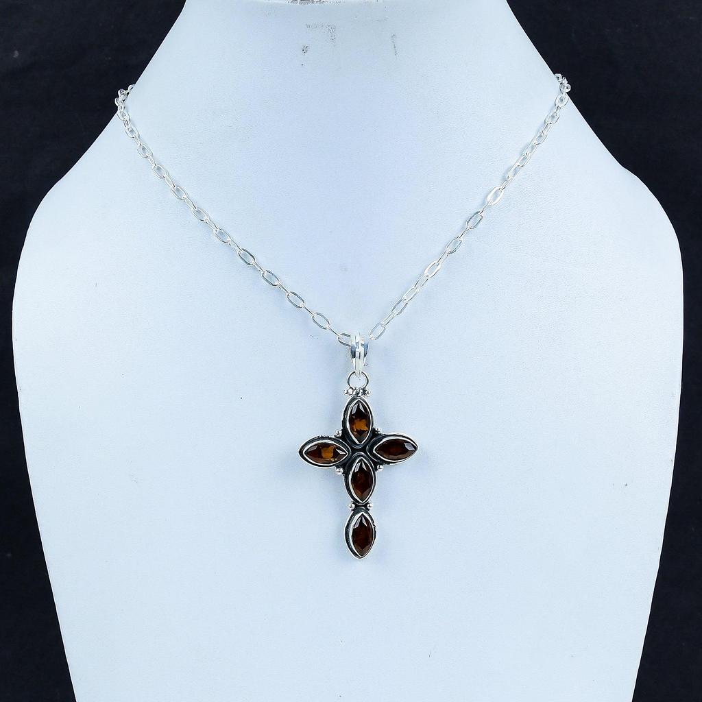 Dainty Smoky Topaz Gemstone Silver Cross Pendant in 925 Sterling Silver- Handmade Design, Everyday Wear Jewelry, Unique Pendant Mother's Day Gift