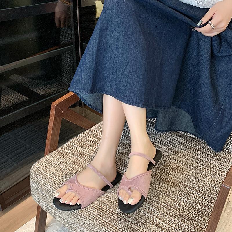 Fashion Fashion Toe Slippers Women's Summer New Outward Wear Round Toe Suede Soft Sole Non-slip Wear-resistant Flat Shoes