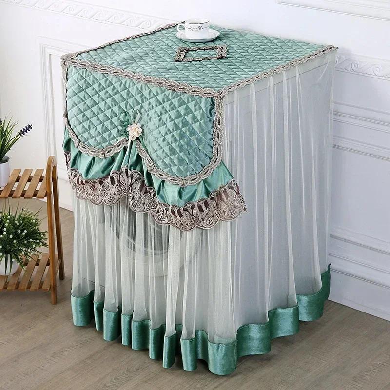 Washing Machine Cover Universal Washing Machine Cover with Roller and Wave Wheel Upflip Washing Machine Dustproof Lace Cover