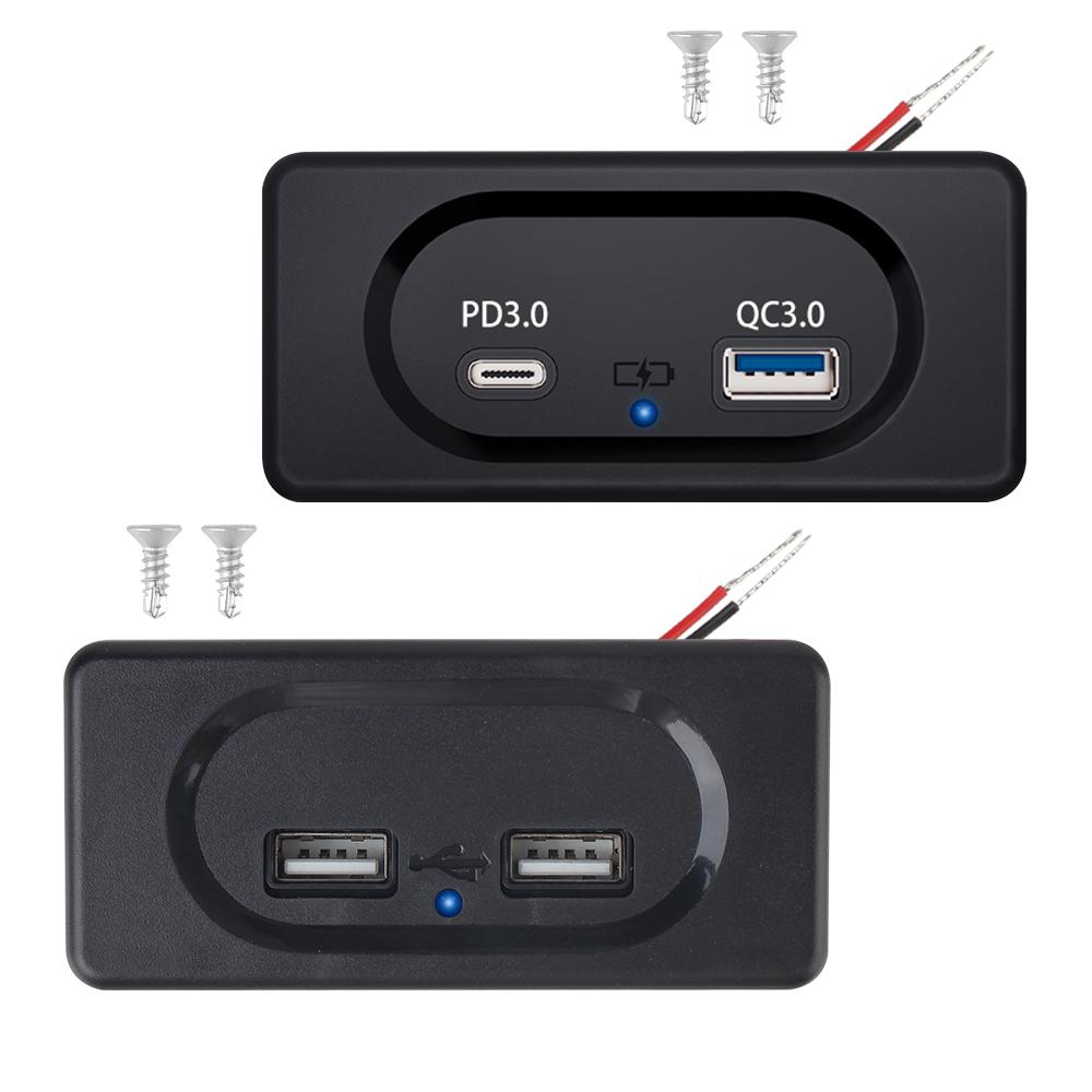 LED Light Quick Charge Panel Wall Mount PD3.0 Type-C Port Adapter Dual USB Charger Outlet 12/24V
