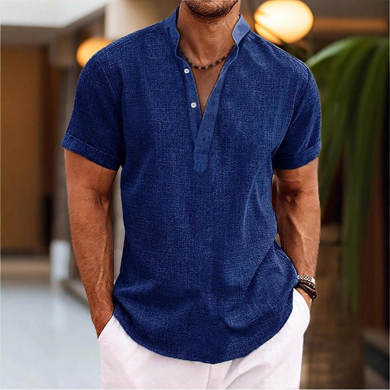 Men's Casual Stand Collar Short Sleeve Shirt, Breathable and Sweat-Wicking, Solid Color, Customizable Logo.