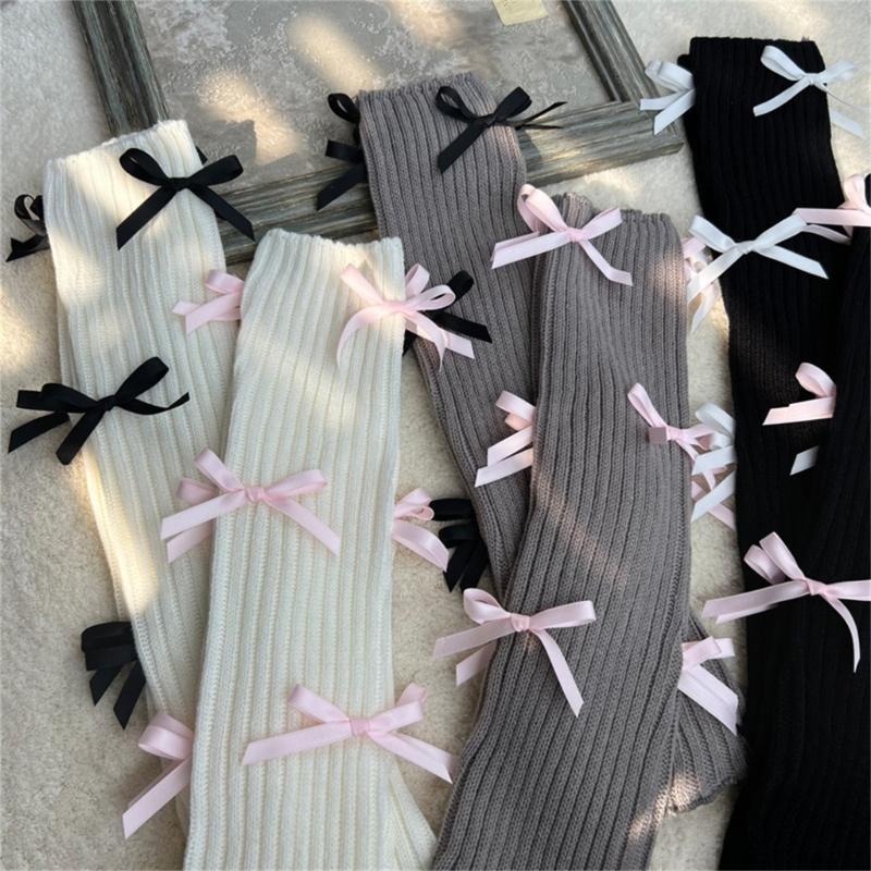 Women Japanese Style JK Girl Ribbed Knitted Leg Warmers Cute Small Bowknot Ruffled Hem Boot Cuffs Leg Cover Long Socks