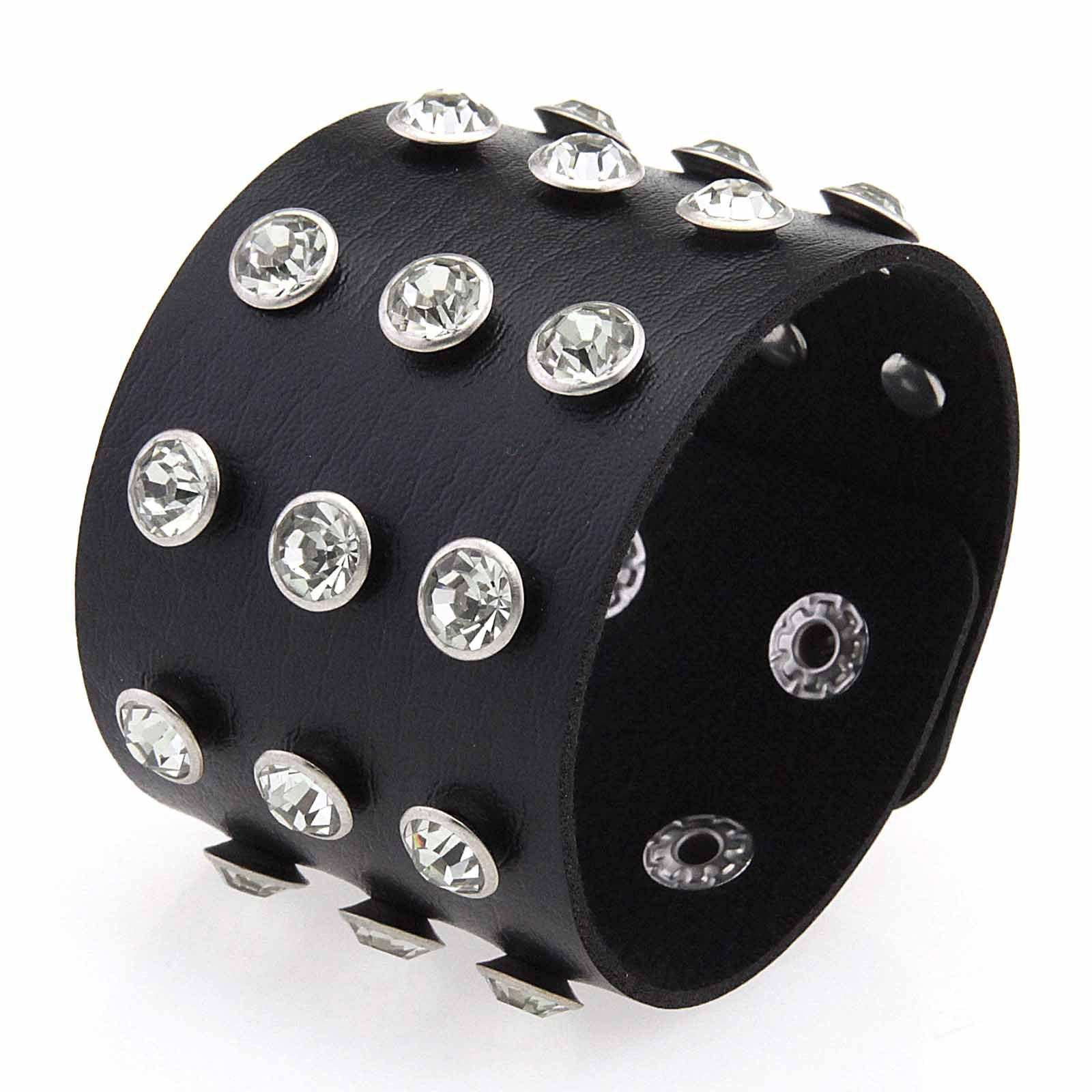 3 Rows Rhinestone Stud Wide PU Leather Bracelet, Gothic Punk Sparkly Adjustable Wrist Cuff Unisex Couple Wristband One Size