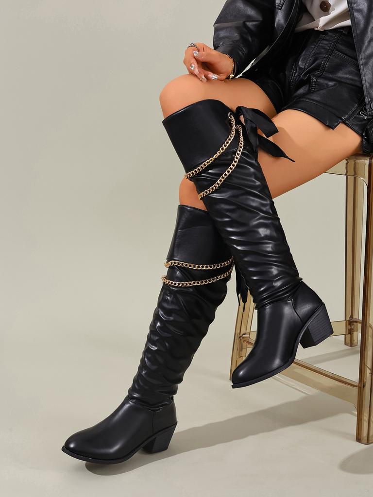 Nowy styl butów jeździeckich damskich na jesień/zimę 2025: retro metalowy łańcuch szpiczasty nosek, gruby obcas, kozaki do kolana