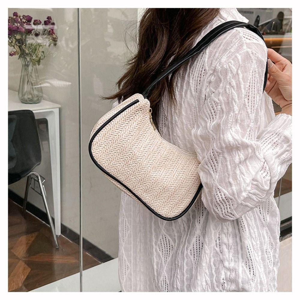 

Elegant Weave Straw Underarm Bag Bohemian Clutch Bag Simple Beach Handbag For Girls бежевий/чорний