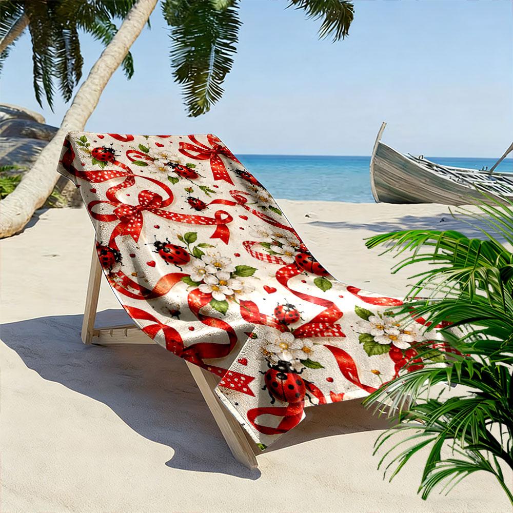 Playful Blossoms and Ladybugs Print Beach Towel, Quick Drying, Suitable for Travel, Outdoor Sports, Jogging, the Beach and Swimming, Gift
