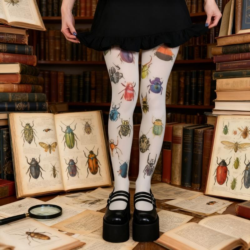 Whimsy Cute Printed Opaque Tights Stockings for Women Japanese Elegant Gothic Grunge Patterned White Pantyhose Leggings