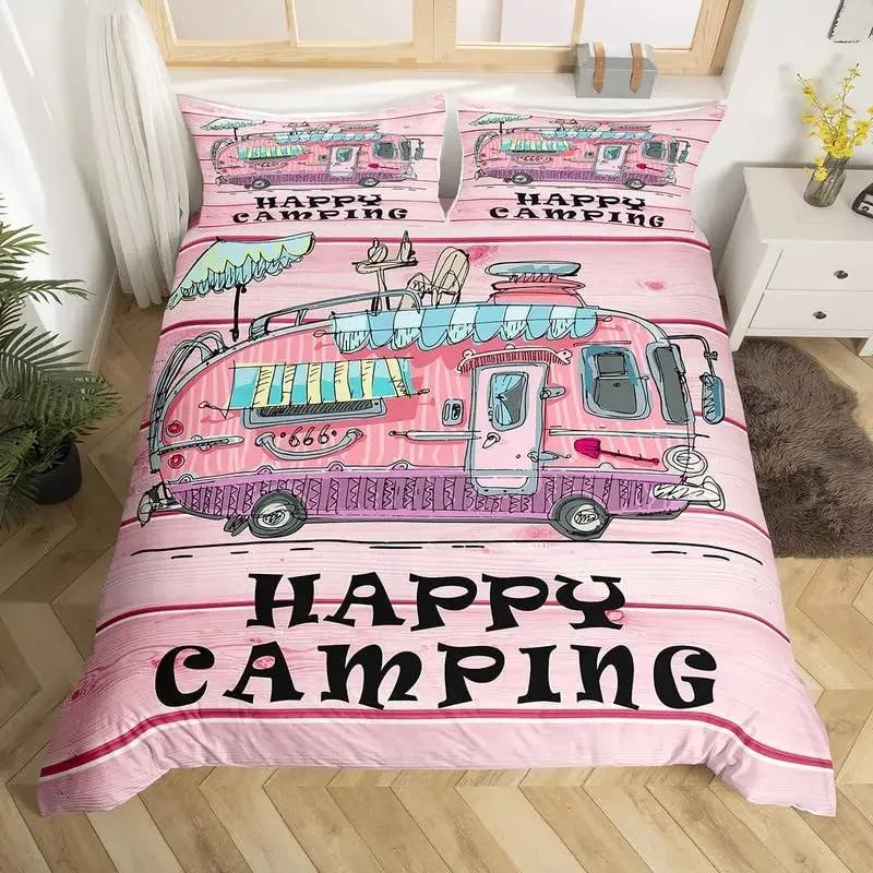 Camper Bedding Set Kids Happy Camping Duvet Cover Set Microfiber Rv Camping Quilt Cover Camper Accessories For Travel Trailers