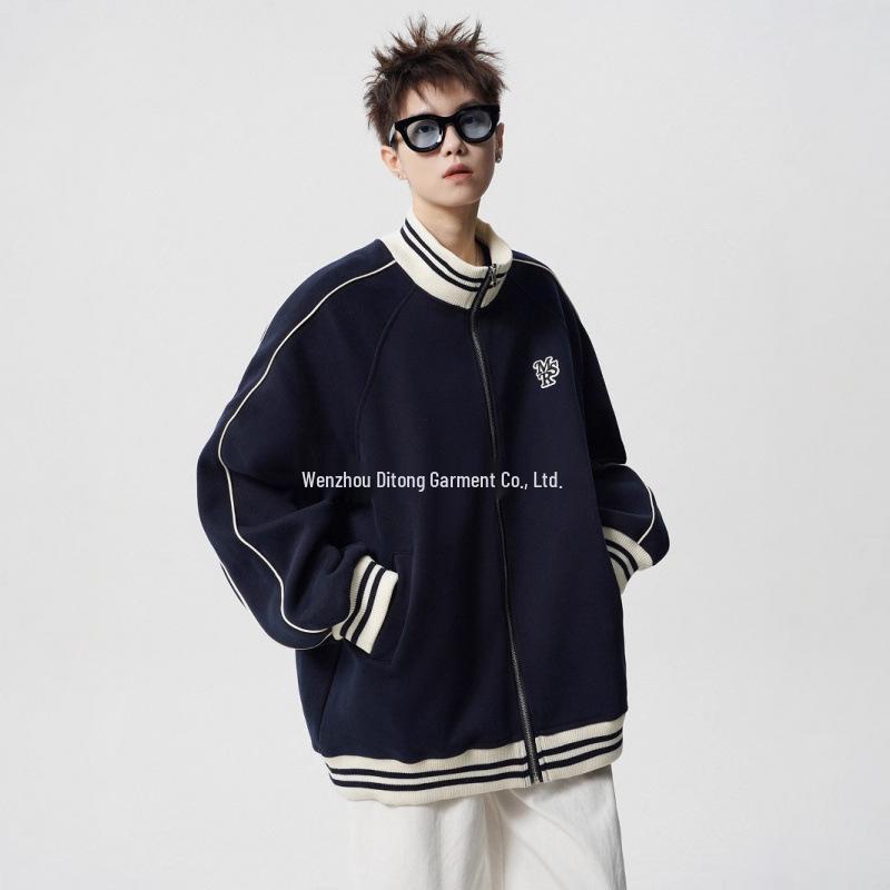 Men s Winter Striped Embroidered Baseball Jacket – Retro Collegiate Style, Heavyweight Fleece-Lined Outerwear XXL
