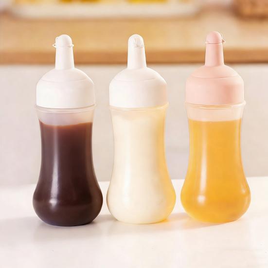 Squeeze Condiment Bottle with Measuring Markings 1/5 Nozzles Drizzle Bottle for Ketchup Salad Dressing Sauce 350ml Easy Fill Kitchen Dispenser