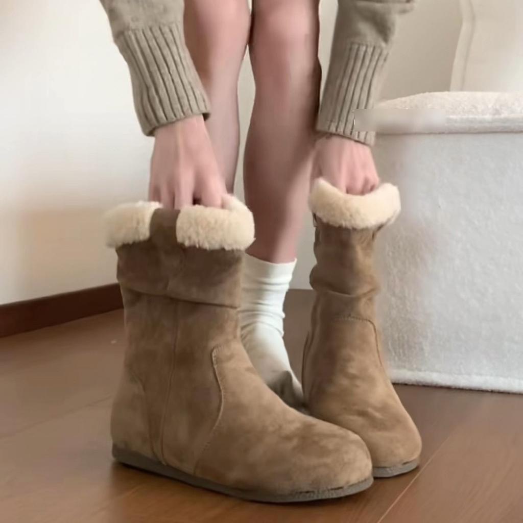 Cowhide version~ fleece thickened wool boots women's matte leather flat bottom inner height increasing snow boots new large cotton boots